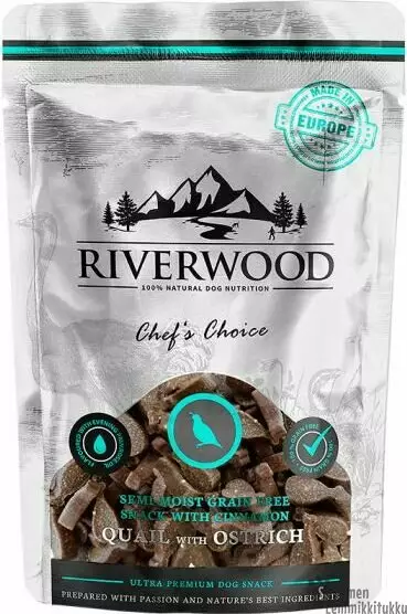 Riverwood Puolikosteat viljattomat makupalat viiriäinen & strutsi - Pehmeät makupalat koiralle - 40446 - 1