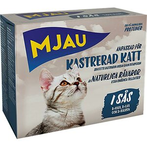 Mjau Kissanruokavalikoima kastroidulle kissalle kastikkeessa 8x85g