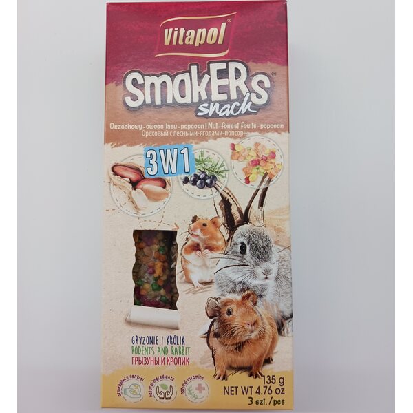 Vitapol Smakers Snacks herkkutikku, pähkinä/metsämarja/popcorn 135g, 3kpl